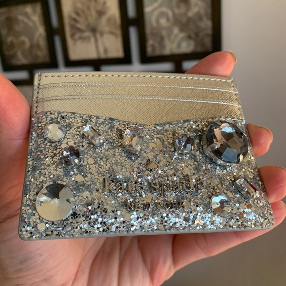 Authentic KATE SPADE Metallic leather/glitter fabric crystals card case - Picture 3 of 11